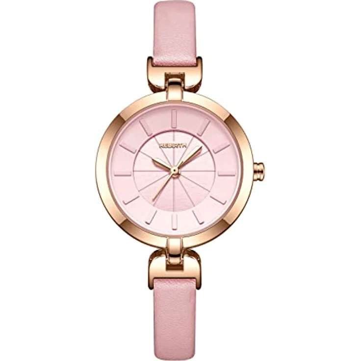 JewelryWe Damenuhr Elegant Analog Quarz, schmale Echtleder Armbanduhr, 30m wasserdicht, rosa, mit dreidimensionalem Zifferblatt für Frauen und Mädchen – Bild 1