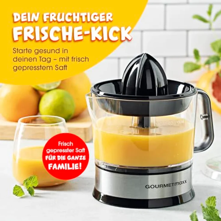 GOURMETmaxx elektrischer Entsafter für Zitrusfrüchte & Orangensaft | Saftpresse bis 700 ml Füllvolumen | Zitruspresse mit verschiedenen Zubehör für frischesten Geschmack | 40 W [transparent/silber] – Bild 5