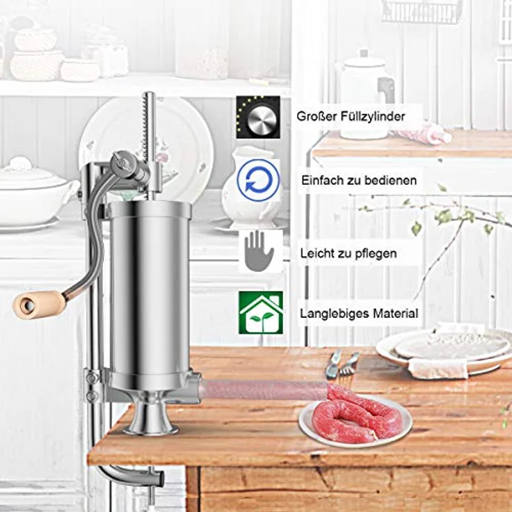COSTWAY Wurstfüllaufsatz 3L Wurstfüller Wurstfüllmaschine mit 4 Füllrohren, Aluminium/Kunststoff, silber – Bild 5