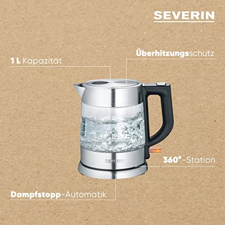 SEVERIN WK 3468 Glas-Wasserkocher (ca. 2.200 W, 1 L) edelstahl-schwarz – Bild 5