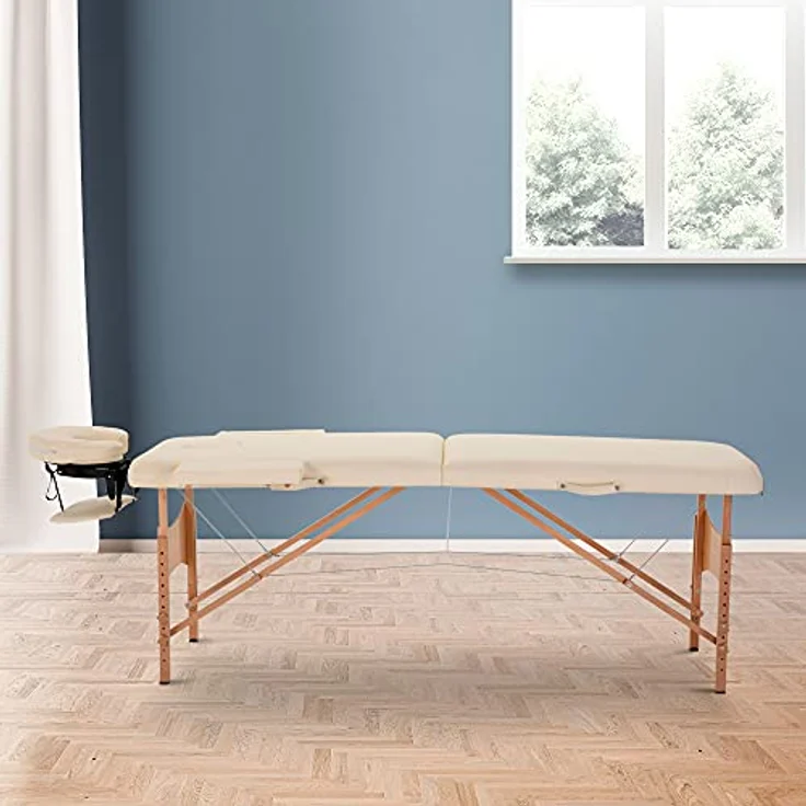 HOMCOM Massagetisch, faltbar, höhenverstellbar, aus Buchenholz, weiß, 182x87x60 cm, bis 250 kg belastbar, inkl. Tragetasche – Bild 2