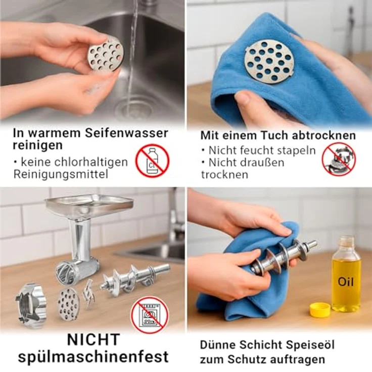 KVOTA Elektrischer Fleischwolf 1500 W max, 3 Lochscheiben (3/5/7 mm), Wurstaufsätze (13,5/19,5/22 mm) & Kibbeh-Aufsatz, Edelstahlgehäuse – Bild 8