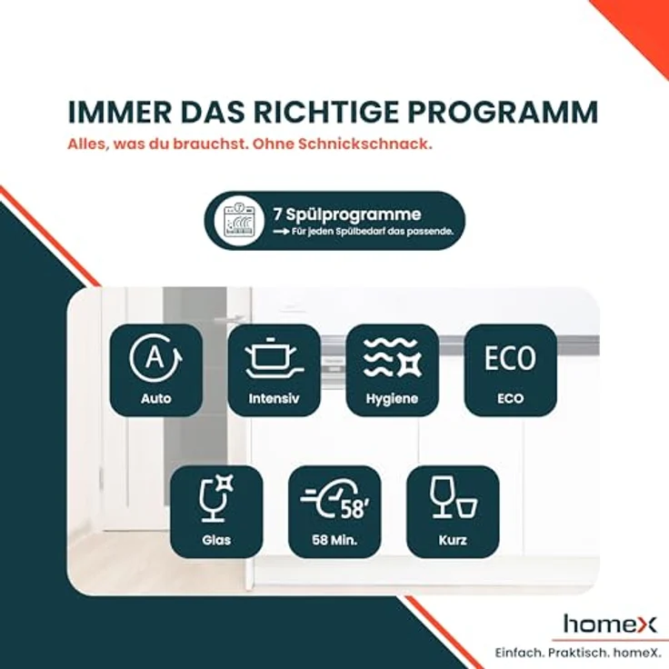 homeX DWSI601444C Geschirrspüler 60 cm, teilintegrierbare Spülmaschine für 14 Maßgedecke, 7 Programme, AquaStop, 44 dB, Edelstahl-Innenraum – Bild 7