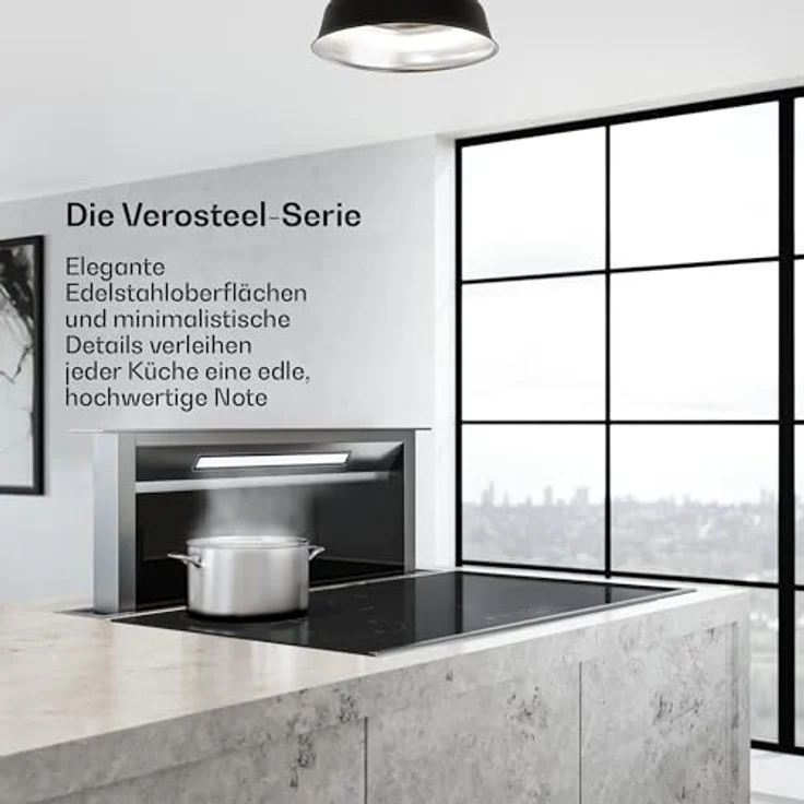 Klarstein Verosteel Downdraft Dunstabzugshaube 90 cm - A++ Energieklasse, 906,2 m³/h Boost, Touch-Bedienung, LED-Beleuchtung, Aluminium & schwarzes Glas, spülmaschinenfester Fettfilter – Bild 2