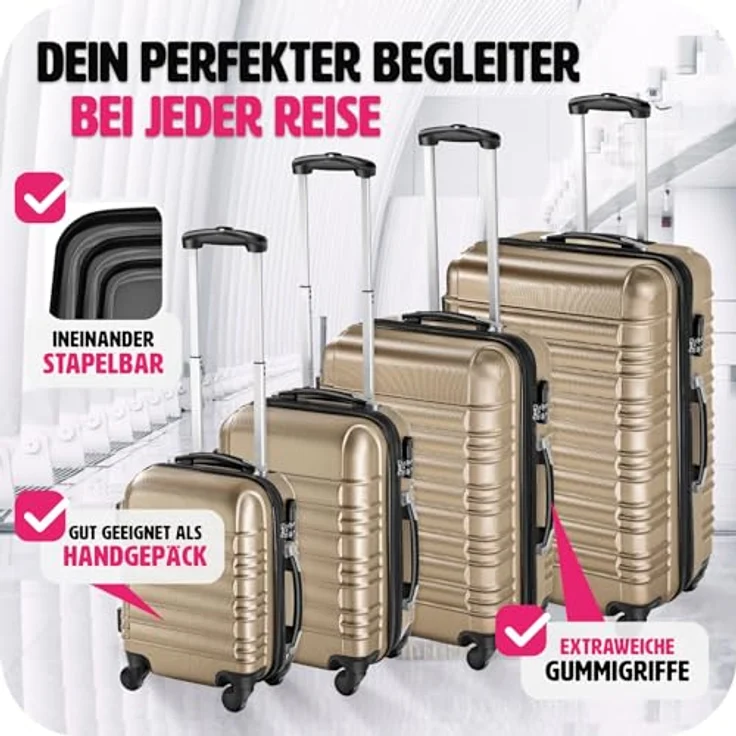 tectake 4 tlg Reisekoffer Set, Hartschalenkoffer Set, Trolley Kofferset, ABS Hartschalen Reisekofferset, Reisetasche, Trolley, Gepäck, Koffer Set, 4 Rollen, 360 Grad drehbar, Teleskopgriff - champagne – Bild 4