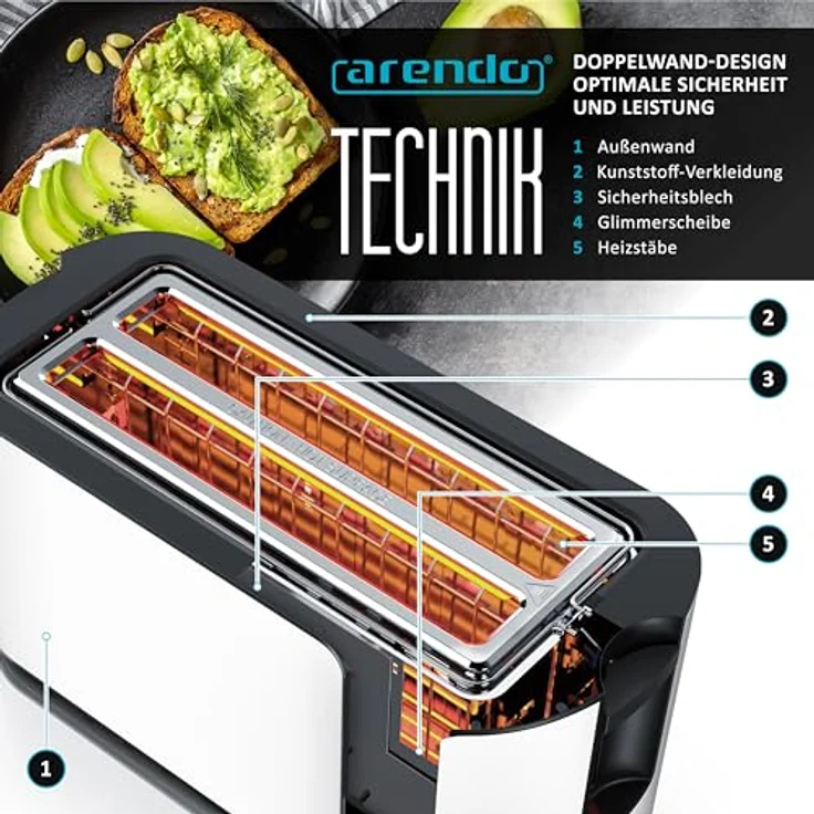 Arendo 4-Scheiben Langschlitz-Toaster FRUKOST TOUCH, Edelstahl mit Touchscreen, 7 Bräunungsgraden, integriertem Brötchenaufsatz, Restzeitanzeige und Memoryfunktion, Weiß Matt – Bild 5
