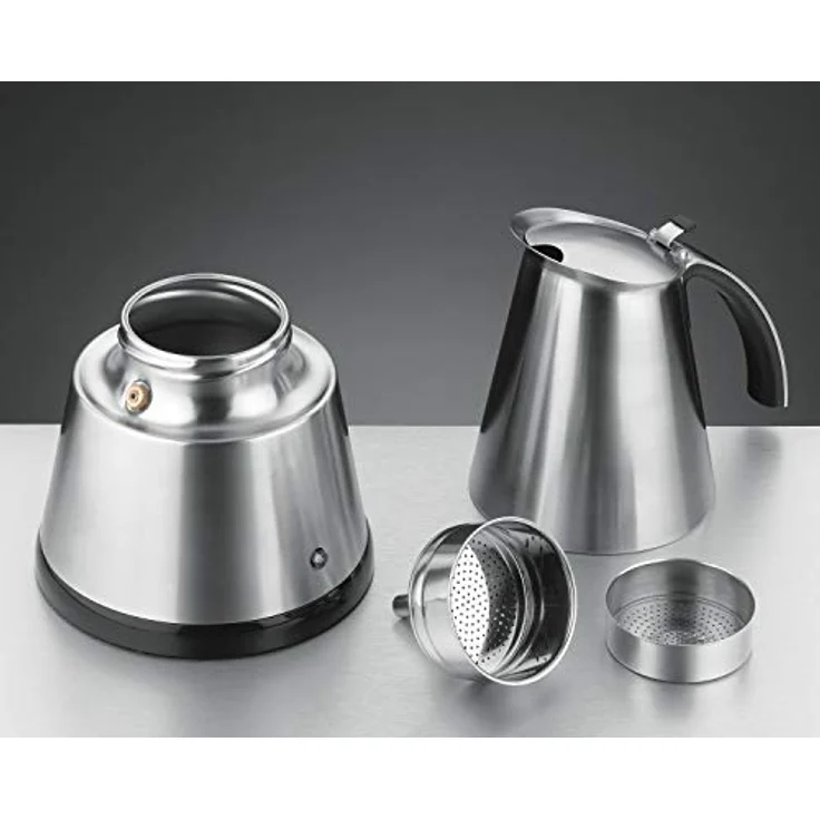 ROMMELSBACHER EKO 366-E Espressokocher elektrisch (3-6 Tassen, 350ml Füllmenge, 2 Edelstahl-Filtereinsätze, Abschaltautomatik, Sicherheitsventil, Ein-Ausschalter, 365 W) Edelstahl – Bild 3