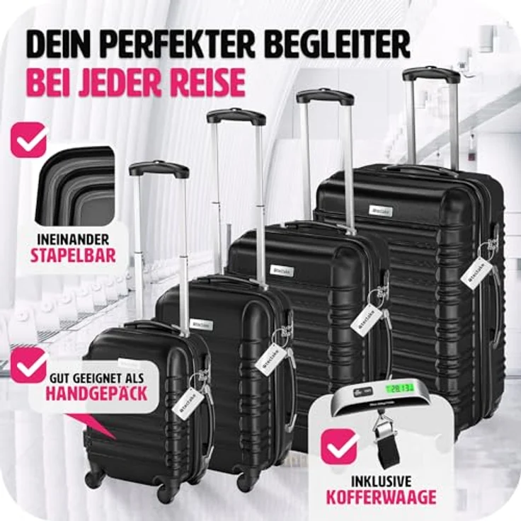 tectake®, 4tlg. Hartschalenkoffer Set, Reisekoffer Set mit Rollen, Hartschale aus ABS, Koffer Set mit Teleskopgriff und Schloss, inkl. Kofferwaage und Kofferanhänge, Trolley Größen S-M-L-XL - schwarz – Bild 4