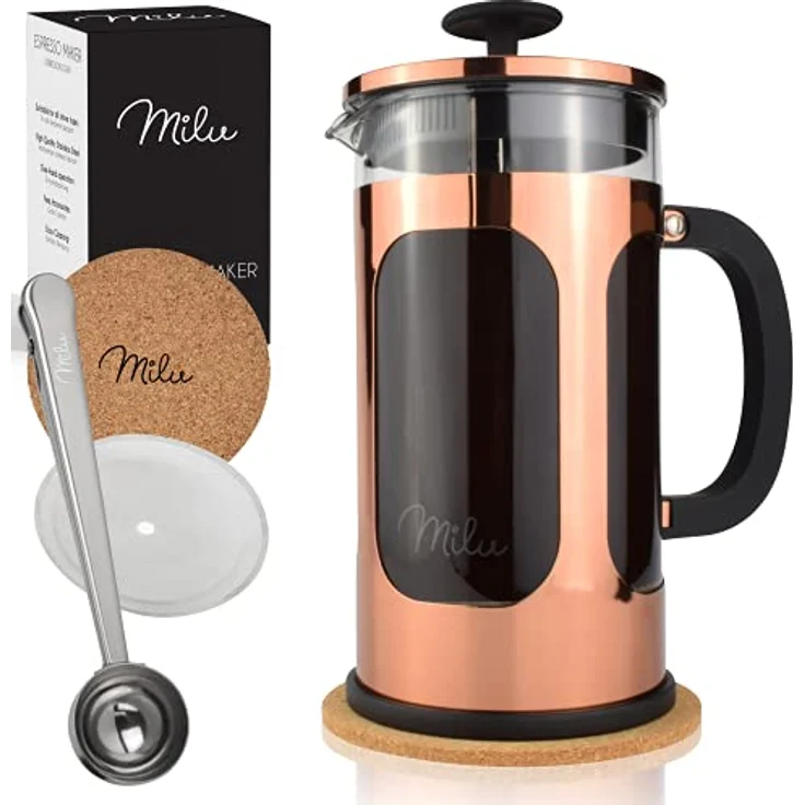 Milu French Press Kaffeebereiter | 350ml, 600ml, 1L | Glas Kaffeepresse, Kaffeezubereiter für Zuhause Reisen Camping inkl. Untersetzer, Löffel, Ersatzfilter (Rose, 1000ml (5 Tassen) – Bild 1
