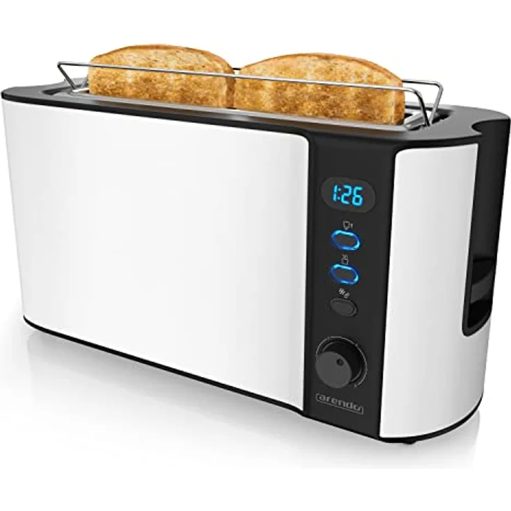 Arendo Frukost 2-Scheiben-Edelstahl Langschlitz-Toaster - Defrost Funktion - 1000W - Integrierter Brötchenaufsatz - Display mit Restzeitanzeige - Weiß – Bild 1