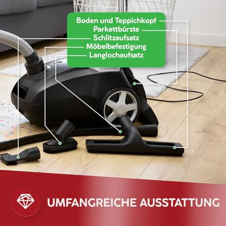 MPM Staubsauger mit Beutel MOD-54, 850 W, HEPA 13 Filter, 5 Düsen, 3,5L Staubbeutel, Teleskoprohr, ideal für Teppiche und Hartböden – Bild 5