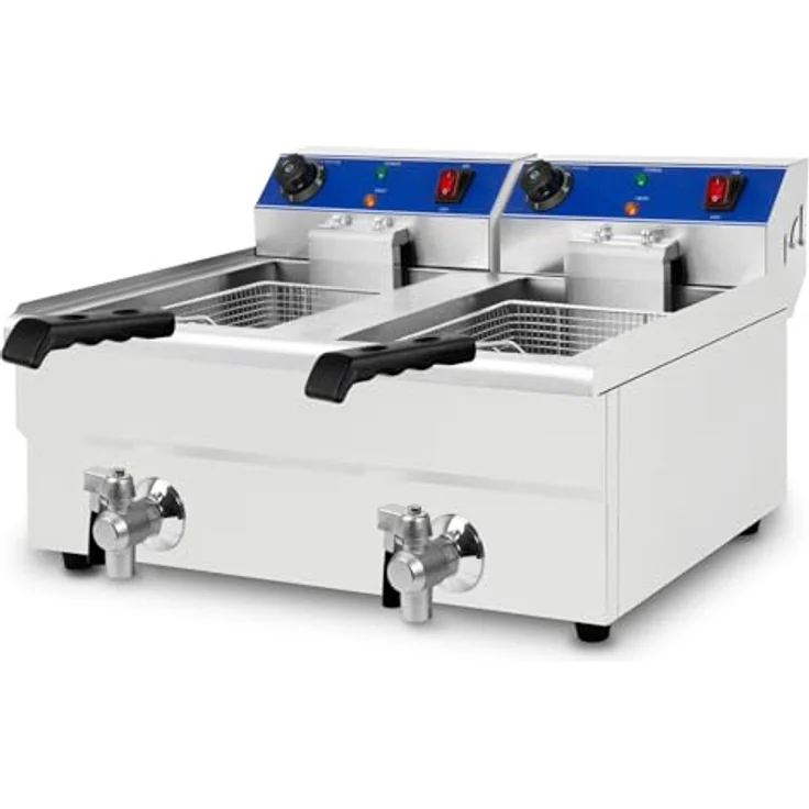 VERTES Friteuse Edelstahl 2x 10L, Kaltzonenprinzip, 2x 3000W, stufenlos regulierbar 50-250°C, Ablasshahn, mit 2 Frittierkörben, für Öl & flüssiges Fett – Bild 2