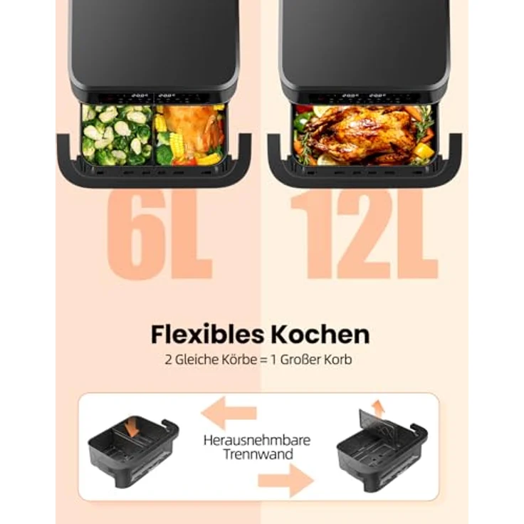 WELLENT 12L Dual Zone Airfryer XXL - 2950W Heißluftfritteuse mit 2 Kammern (6+6L), Sichtfenster, Match & Sync-Funktion, spülmaschinenfest – Bild 2