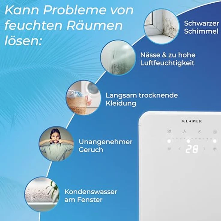 KLAMER Luftentfeuchter elektrisch 12L, 100m³ Luftumwälzung pro Stunde, 280W starker Raumentfeuchter, Entfeuchter mit bis zu 2 Liter Fassungsvermögen, weiß – Bild 4