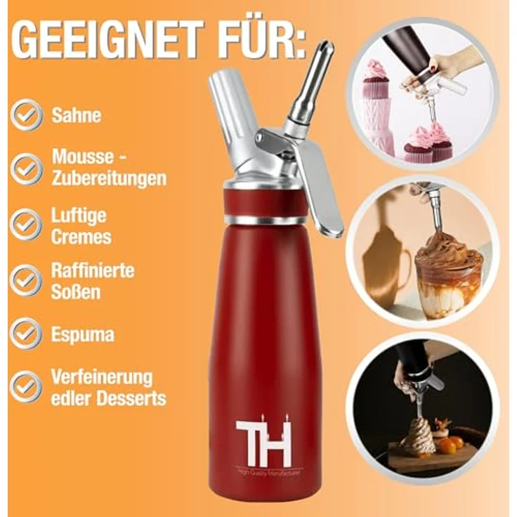Thiru Sahnespender 500ml, inkl. Toolbox, 3 Edelstahl Tüllen, eBook mit 50 Rezepten, rot, für Schlagsahne, Espuma & warme Speisen, note "sehr gut" – Bild 2