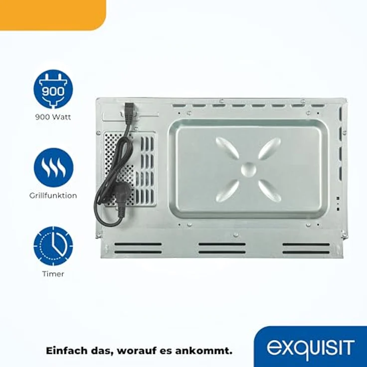 Exquisit EMW25-G-020 Mikrowelle mit Grill, 59,5 cm breit, Einbaugerät, 900W, 25L Garraum, 9 Leistungsstufen, Timer, inkl. Drehteller 31,5 cm, weiß – Bild 3