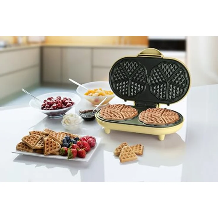 Bestron Doppel-Waffeleisen für klassische Herzwaffeln, Herzwaffeleisen mit Backampel & Antihaftbeschichtung, ideal für Kindergeburtstage, Ostern & Weihnachten, Farbe: Gelb – Bild 4