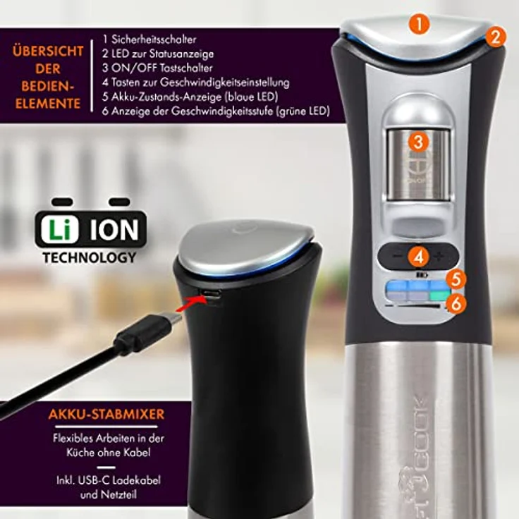 ProfiCook® Stabmixer kabellos zum mixen, zerkleinern und pürieren, Pürierstab mit Akku 3 Stufen inkl. USB-C Ladegerät, Stabmixer Akku für Smoothie, Soße, Shake, Babynahrung, PC SM 1237 A – Bild 5