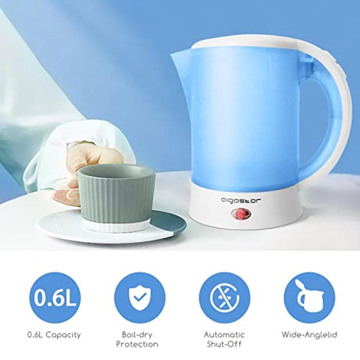 Aigostar Walking Drip 30JQK - Reisewasserkocher Integrated Design 650W, 0,6 Liter Mini Wassertopf, automatische Abschaltung mit Kochschutz, Inklusive 2 Tassen und 2 Löffel, blau. EINWEGVERPACKUNG. – Bild 6