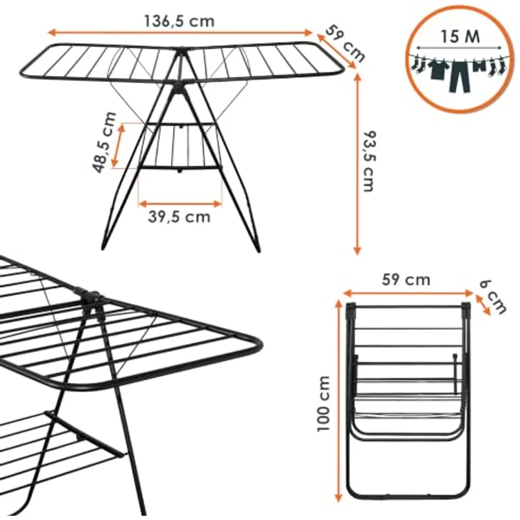 Spetebo Wäscheständer, klappbar schwarz mit 2 Etagen, 15 m Trockenlänge, 136 x 59 cm, Metall Wäschetrockner Gestell – Bild 3