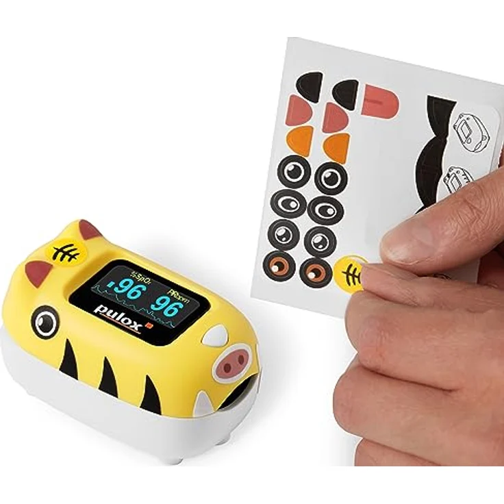 pulox PO-230 in Gelb, Pulsoximeter für Kinder, mit Klebemuster, Messung von Sauerstoffsättigung und Herzfrequenz – Bild 1