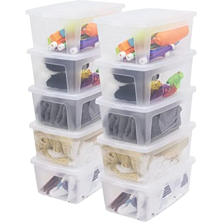 Iris Ohyama, 10er-Set Aufbewahrungsboxen aus Kunststoff mit gewölbtem Deckel und Verschlussclips, 11L, Ineinandergreifend, Stapelbar, BPA-frei, Schlafzimmer,Büro, Wohnzimmer, MCB-11, Transparent