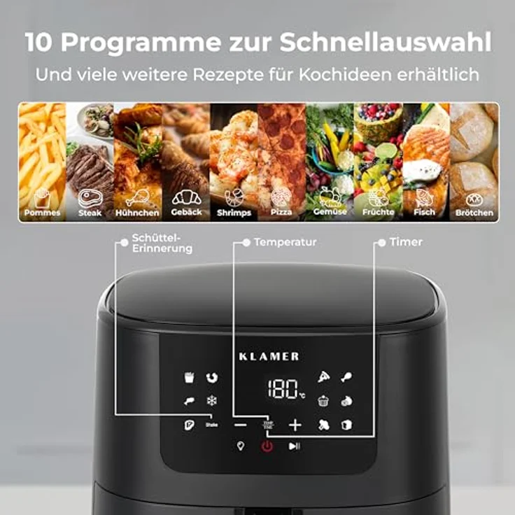 KLAMER Heißluftfritteuse 5l XL, Ölfreier 1500W Airfryer mit LED-Touchscreen und deutschem Rezeptbuch, spülmaschinenfester Korb - Weiß – Bild 2