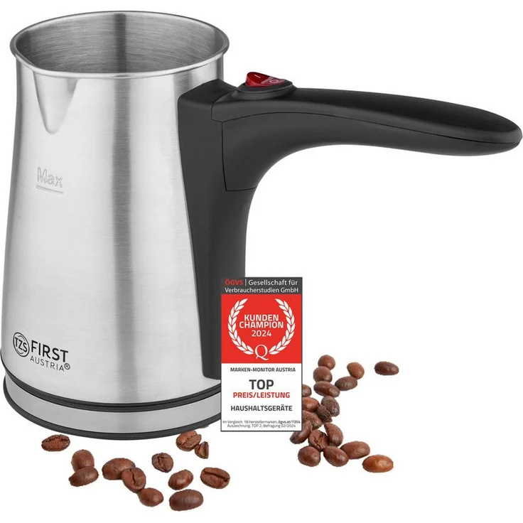 TZS FIRST AUSTRIA Kaffeebereiter Elektrischer Türkischer Kaffeekocher, 350ml, 800W, Mokkakocher, Edelstahl, mit rutschfestem Griff, für Zuhause, Büro, Reisen