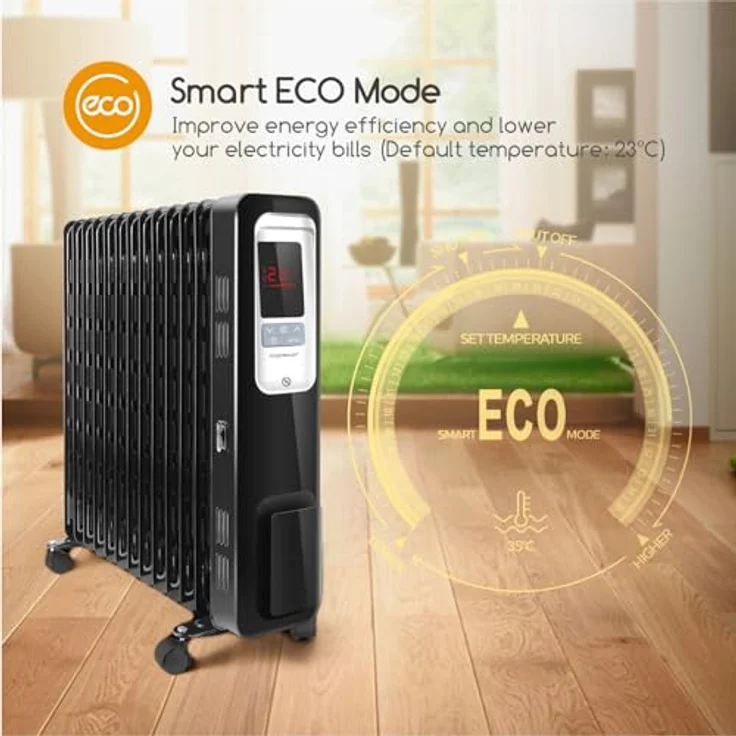 Aigostar Oil Monster 33JHH - 2500W Ölradiator Energiesparender, LCD Elektro Heizkörper mit 13 Rippen,4 Heizstufen,Thermostat, Fernbedienung,Überhitzungsschutz, Elektroradiator Elektro Heizung – Bild 3