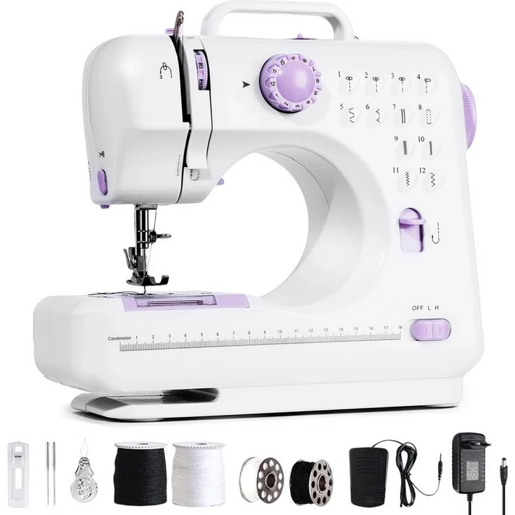 AKKEE Mini-Handnähmaschine, Multifunktionale Haushaltsnähmaschine mit 12 Stichen, weiß & lila, ideal für Anfänger