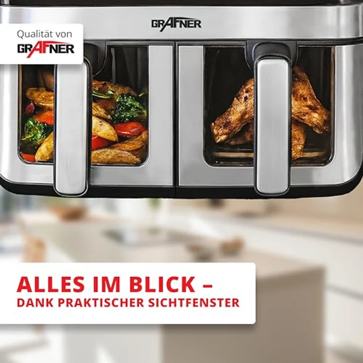 Grafner XXL Digitale Heißluftfritteuse 2 Kammern, 9 L, 2400 Watt, Edelstahl, Touchscreen, 8 Programme, Sync- und Dual-Funktion, Shake-Reminder, inkl. 100x Backpapier – Bild 5