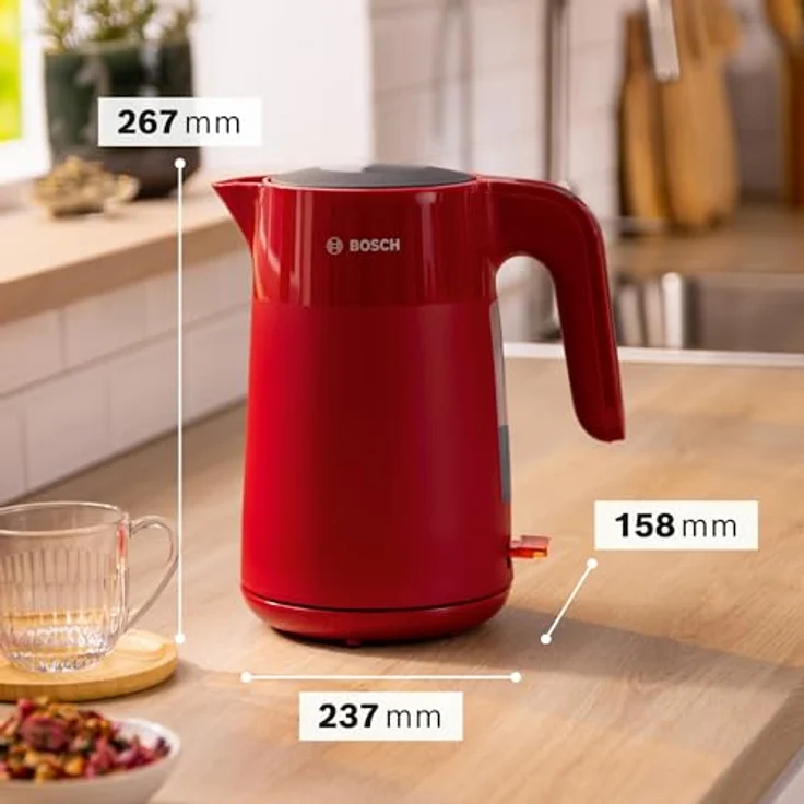 Bosch kabelloser Wasserkocher My Moment TWK2M164, Abschaltautomatik, Überhitzungsschutz, Tassenanzeige, entnehmbarer Kalkfilter, Trockengehschutz, Dampfstopp-Automatik, 1,7 L, 2400 W, Rot matt – Bild 2
