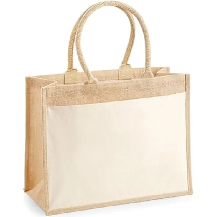 Westford Mill W427 Cotton Pocket Jute Shopper, Laminierte Jutefaser mit Baumwoll-Vordertasche, 42 x 33 x 19 cm, Einheitsgröße, Tragegrifflänge 55 cm
