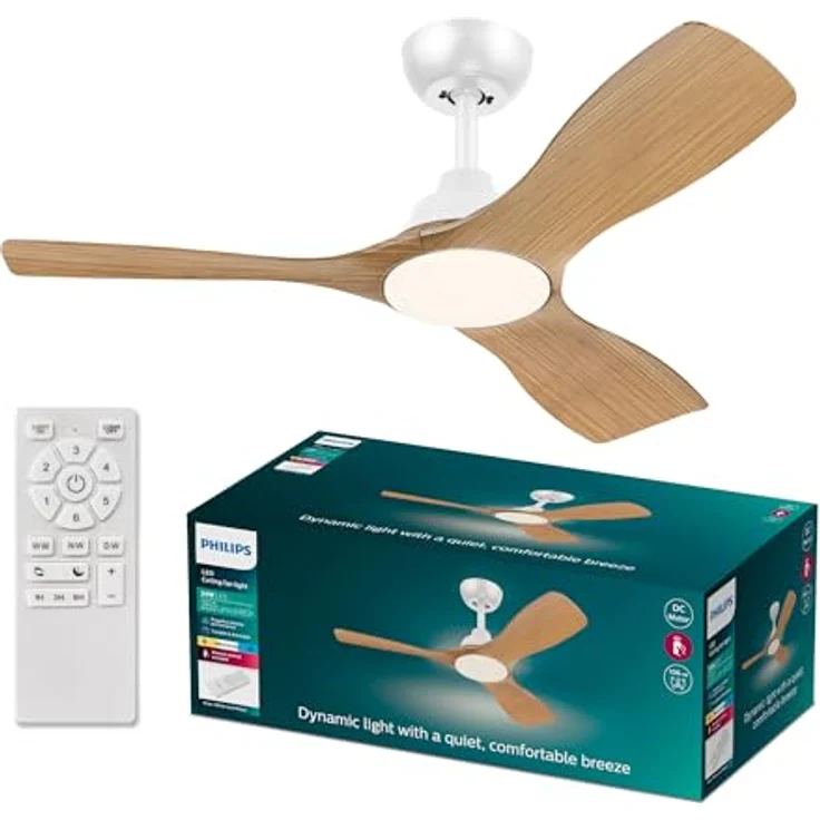 Philips Olas Deckenventilator, 42" mit 3 Flügeln, 24 W LED-Licht, DC-Motor, dimmbar, Farbtemperaturen 3000 K - 6500 K, Weiß/Holz, inkl. Fernbedienung – Bild 1