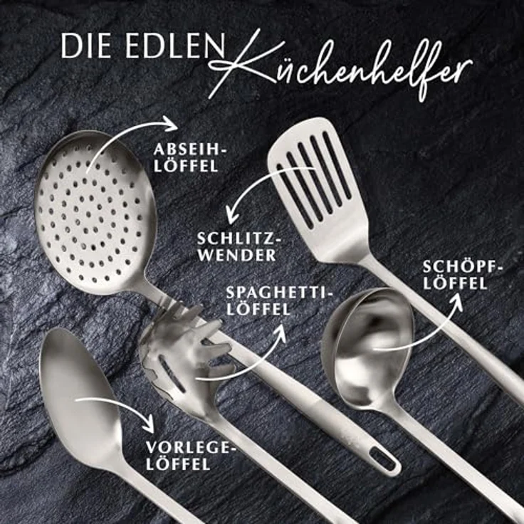 Stanley Rogers Küchenhelfer Set, 5-teiliges Premium Kochbesteck aus rostfreiem Edelstahl in Silber mit ergonomischen Griffen und platzsparender Aufbewahrung – Bild 2