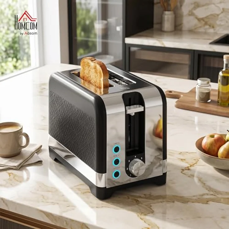 HOMCOM 2-Scheiben-Toaster, 7 Bräunungsstufen, Wärmerost, schwarz+siber, 930 W – Bild 2