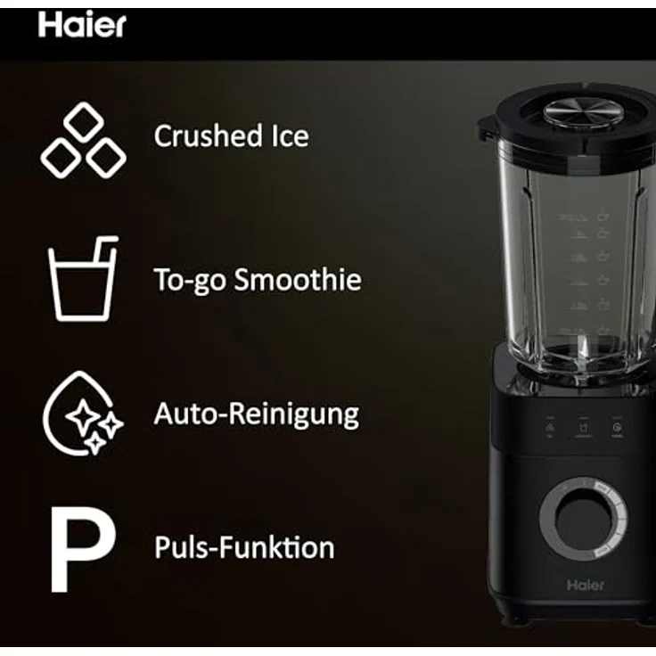 Haier Mixer mit Ice-Crush-Funktion & Smoothie Maker, 1200W I Standmixer mit 1,7L Glasbehälter & 0,6l To-Go-Flasche I Selbstreinigungsfunktion, Spülmaschinenfest & 5 Geschwindigkeiten [Serie 5-HBL5B2] – Bild 3