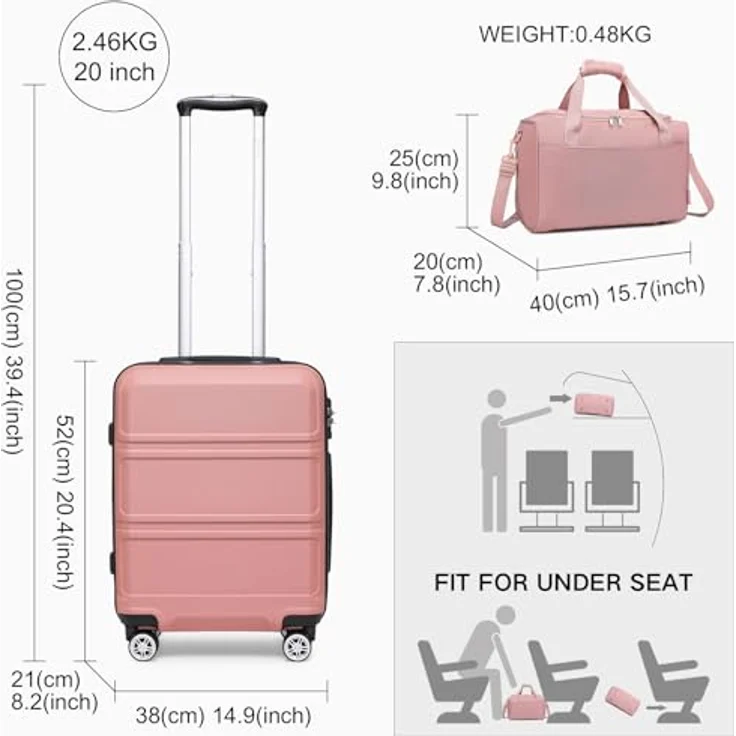 KONO 55cm Handgepäck-Koffer Trolley Set, 2-teilig mit Ryanair Reisetasche, 38L Hartschalenkoffer und 20L Handtasche, Rosegold – Bild 2