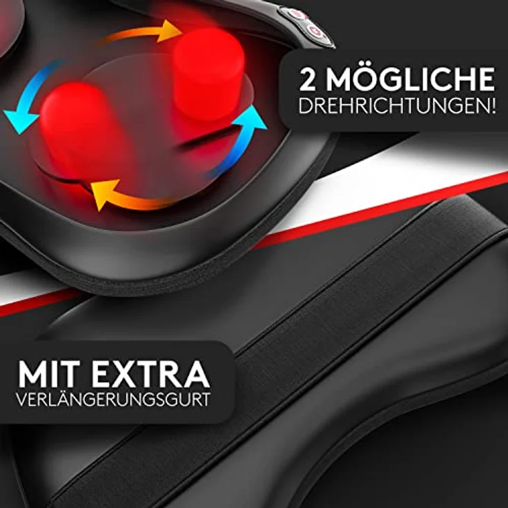 Wellax - Massagekissen mit Wärmefunktion & 360° Drehung - Shiatsu Nackenmassagegerät mit 3 Geschwindigkeiten für Schultern & Rücken - inkl. Verlängerungsgurt - Neck Massager, Schwarz – Bild 4