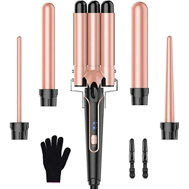 Lockenstab set 5 in 1 Welleneisen - Lockenstäbe 3 Fässer für Große Keine Locken Keramik Lockenwickler mit Verschiedenen Aufsätzen Temperatureinstellung Schnelle Erwärmung mit Handschuh und 2 Clips – Bild 1