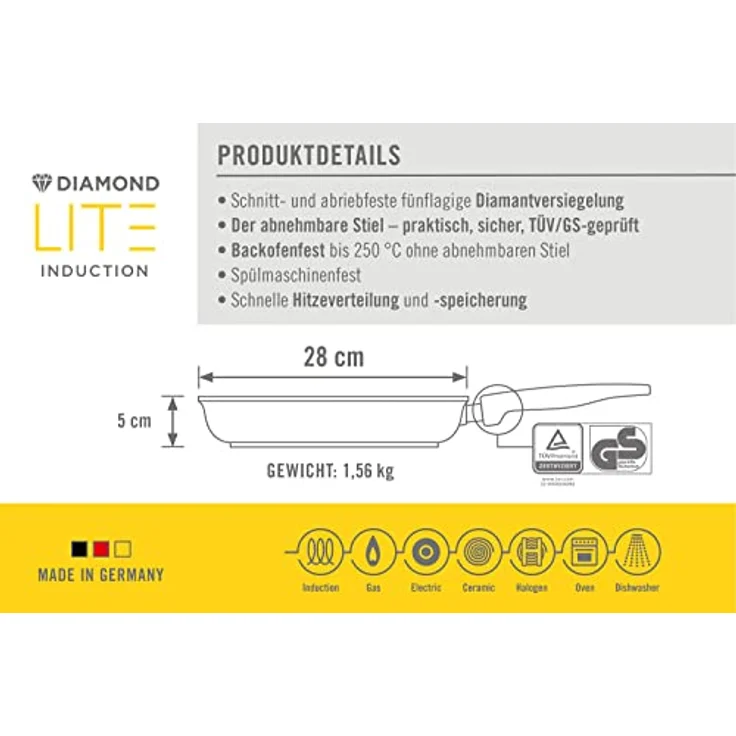 Woll Diamond Lite Flachpfanne - Induktiv -, Ø 28 cm, 5 cm hoch, mit abnehmbarem Stiel - Geeignet für alle Herdarten, Aluguss, backofenfest, anthrazit – Bild 4