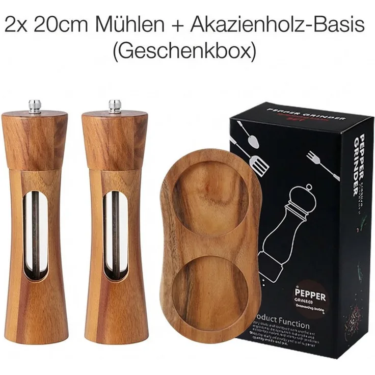 JASLIFE Salz-/Pfeffermühle 2er Set, Holz mit Ständer, Keramikmahlwerk, einstellbarer Mahlgrad, hochwertiges Holzgehäuse