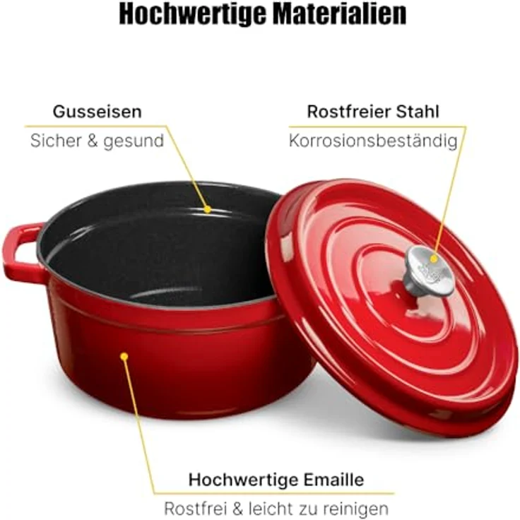GRAND FEU Schmortopf Gusseisen, 4.7L emaillierter Topf mit Deckel und breiten Griffen, rot, für Schmoren und Backen, hohe Temperatur bis 300°C geeignet – Bild 2