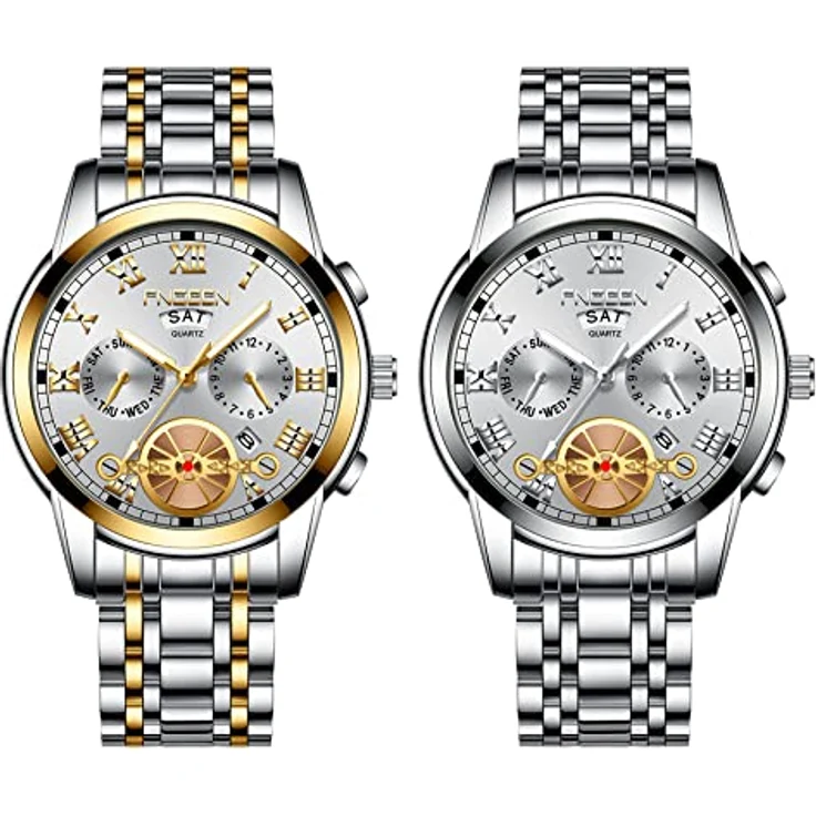 JewelryWe 2 PCS Herrenuhr Edelstahl Quarz Analog, 30M Wasserdicht, römische Ziffern, Woche-Datum Kalender, Leuchtende Zeiger, Gold Silber