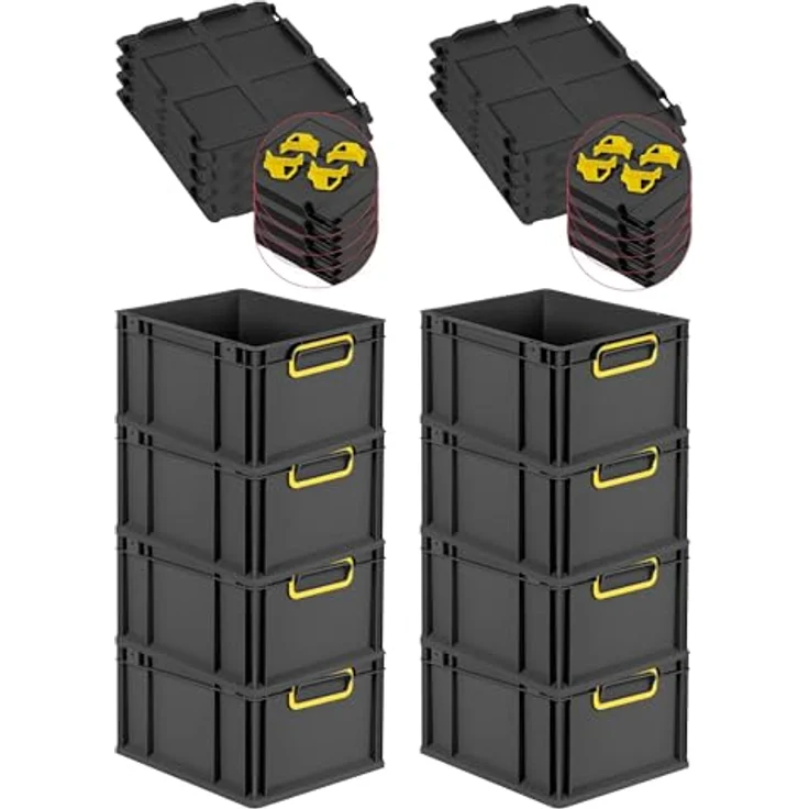 PROREGAL Eurobox NextGen Color SuperSparSet 8x, 20L, Schwarz mit gelben Griffen, inkl. Auflagedeckel & Schiebeschnappverschlüssen, HxBxT 22x30x40cm, Eurobehälter – Bild 1