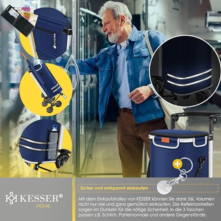 KESSER® Einkaufstrolley Treppensteiger, 56L Kühlfach, belastbar bis 50kg, klappbar, 3in1 Trolley Sackkarre & Umhängetasche, Navyblau – Bild 5