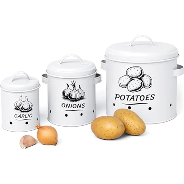 relaxdays Vorratsdose Kartoffel Aufbewahrungsbox 3er Set, Stahl, weiß, mit Belüftungslöchern zur optimalen Lagerung von Kartoffeln, Zwiebeln und Knoblauch – Bild 1