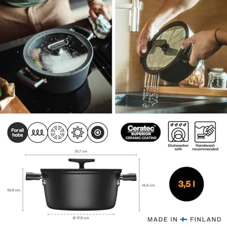 Fiskars Kasserolle mit Deckel, Hard Face, 22 cm, 3,5 Liter, für alle Kochfelder, kratzfest, schwarz – Bild 2