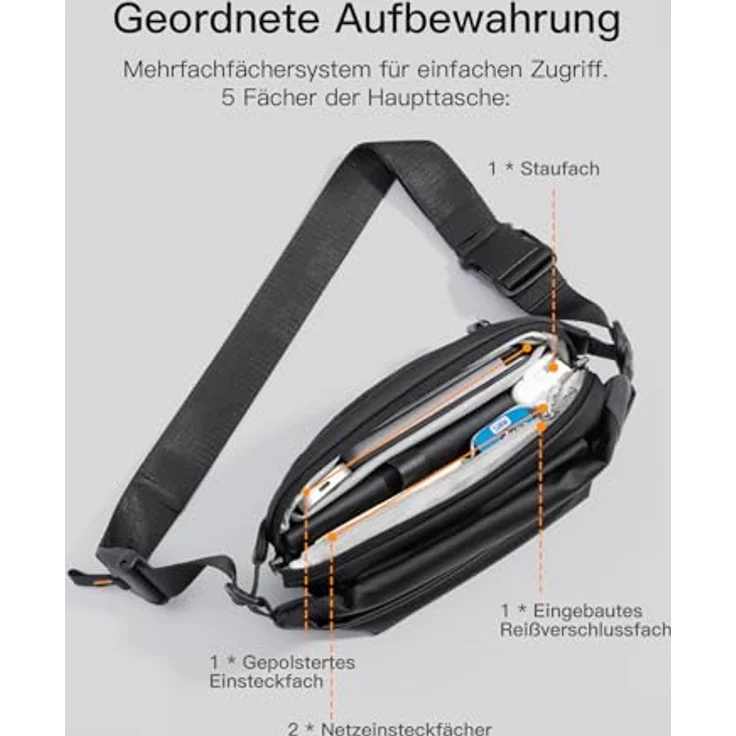 Inateck Kompakt Bauchtasche 4L, Wasserdicht Umhängetasche in Schwarz, Großes Fassungsvermögen und mehrschichtige Struktur – Bild 4