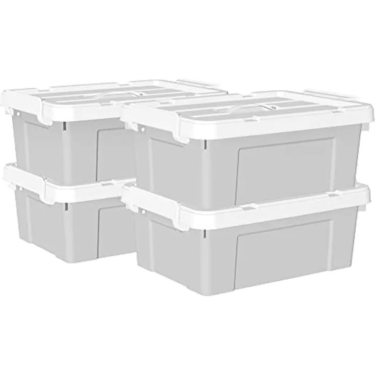 Cetomo 15 l x 4 Kunststoff-Aufbewahrungsbox, Tragetasche, Organisationsbehälter mit robustem Deckel und sicheren Verriegelungsschnallen, stapelbar und stapelbar, 4 Stück, grau mit Schnalle